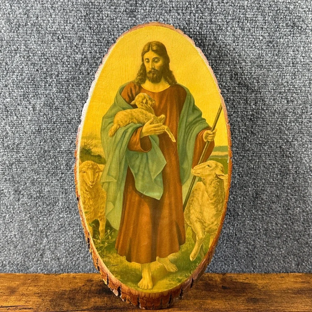Vintage 1960's Jesus the Good Shepherd on Wood Bark 17
